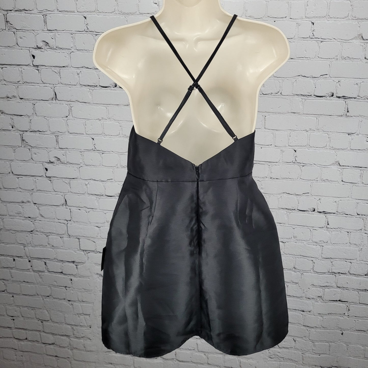 NWD Lulus Black Satin Rhinestone Bustier Backless Strappy Lined Mini Dress Large