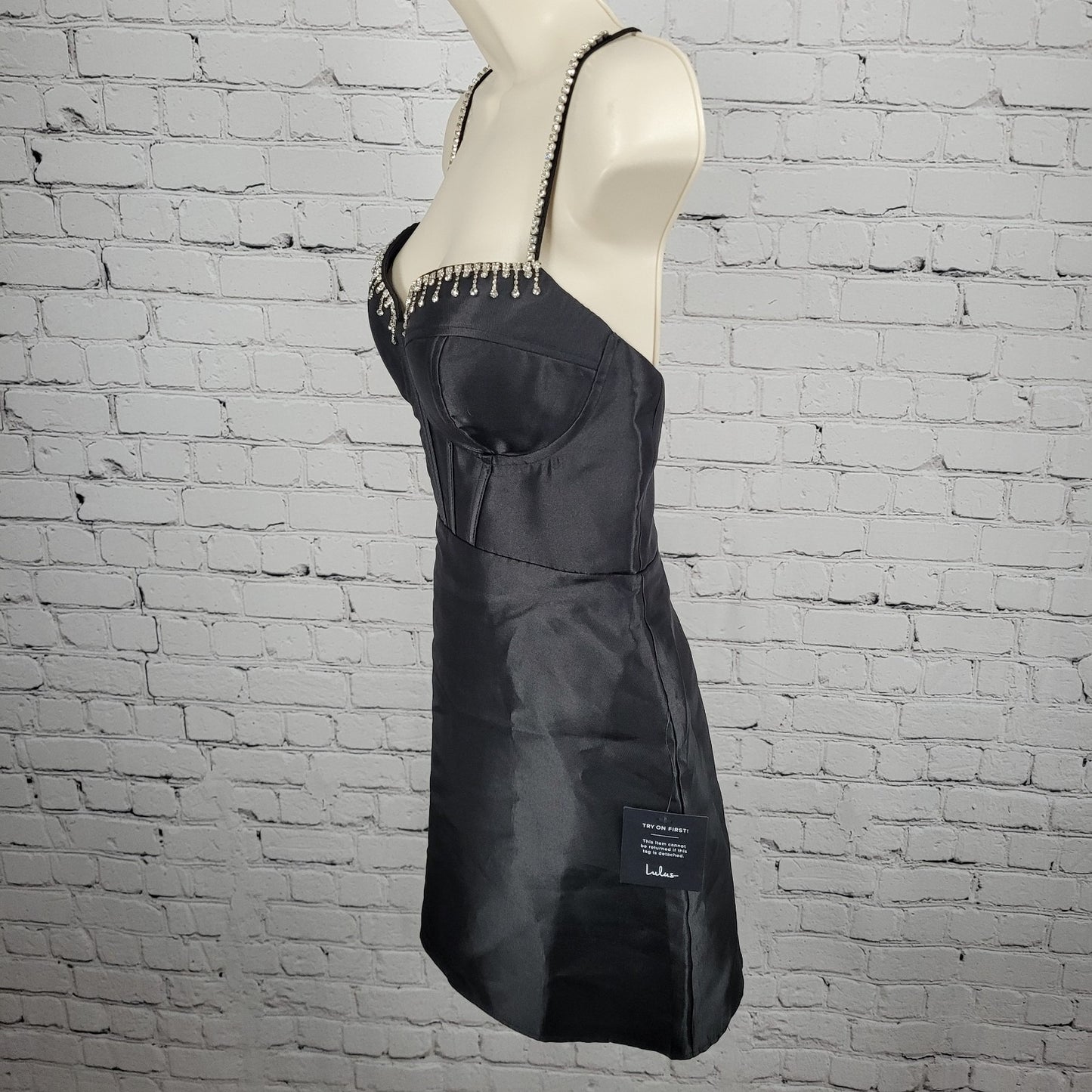 NWD Lulus Black Satin Rhinestone Bustier Backless Strappy Lined Mini Dress Large