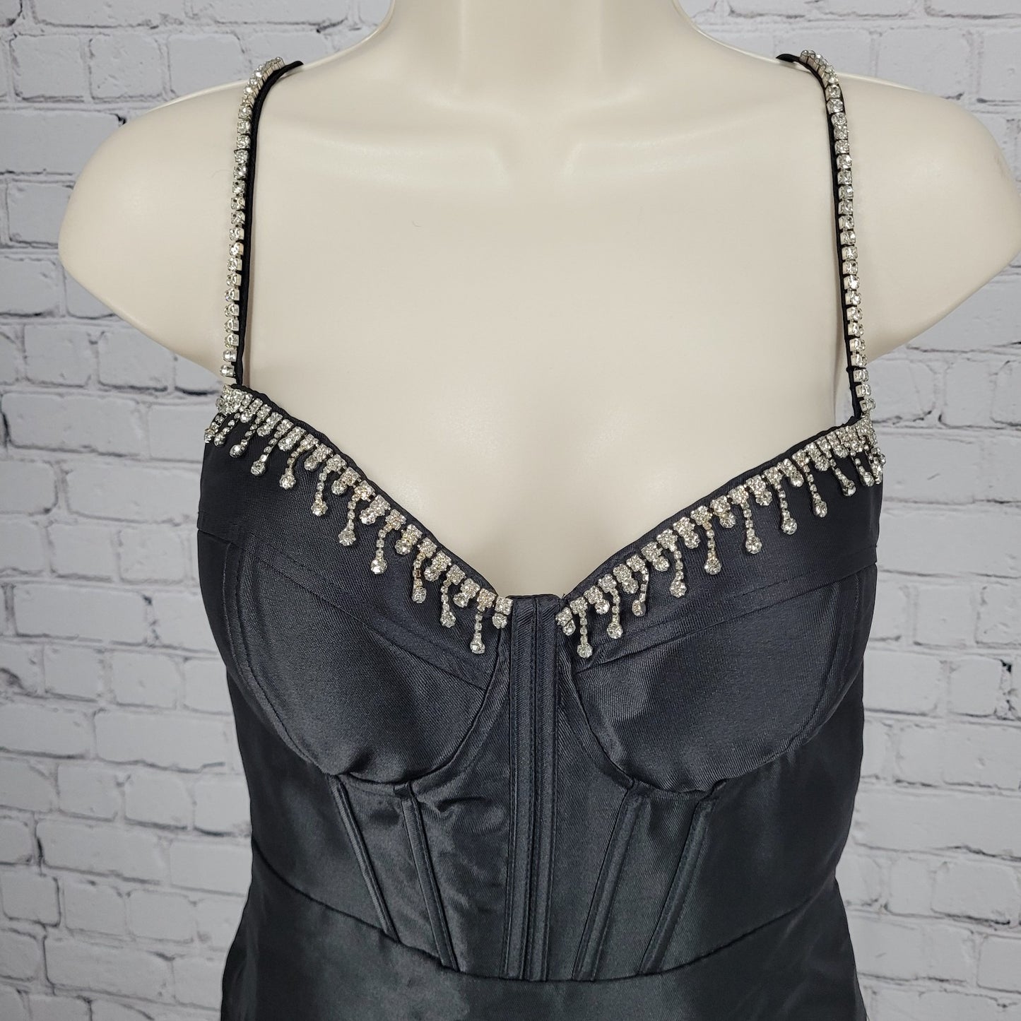 NWD Lulus Black Satin Rhinestone Bustier Backless Strappy Lined Mini Dress Large