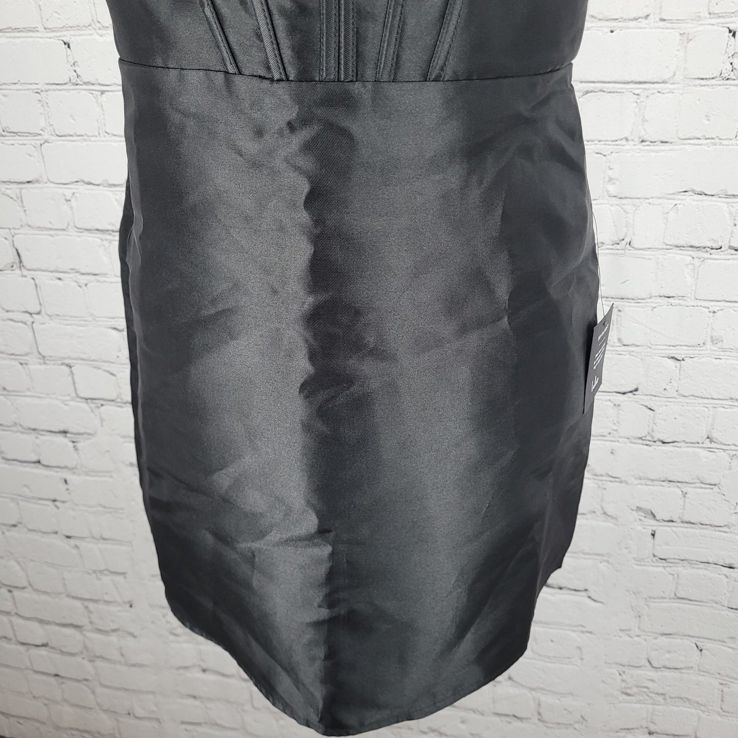 NWD Lulus Black Satin Rhinestone Bustier Backless Strappy Lined Mini Dress Large