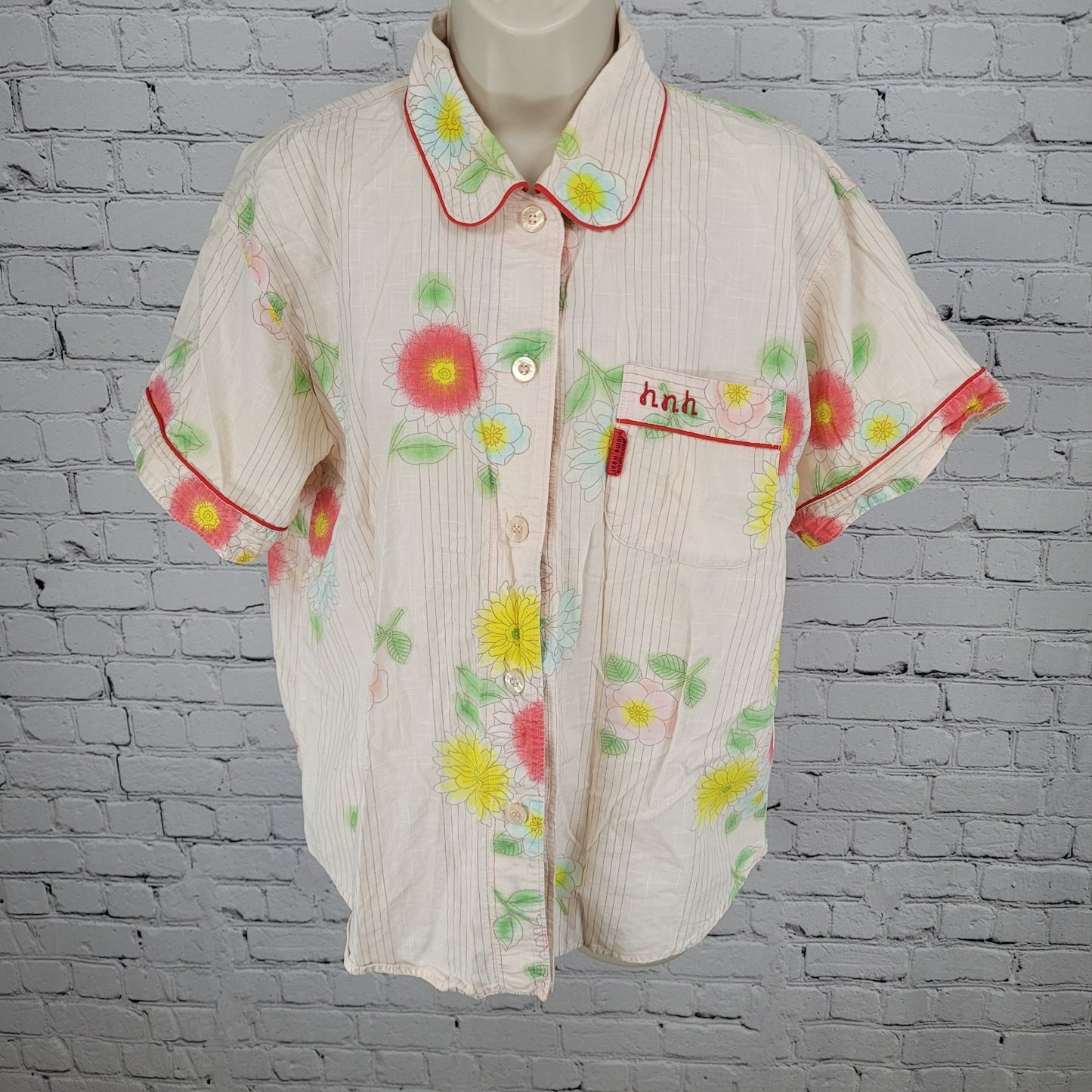 Hiromichi Nakano Light Pink Floral Home Wear Pajama Button Up Top Shirt Medium