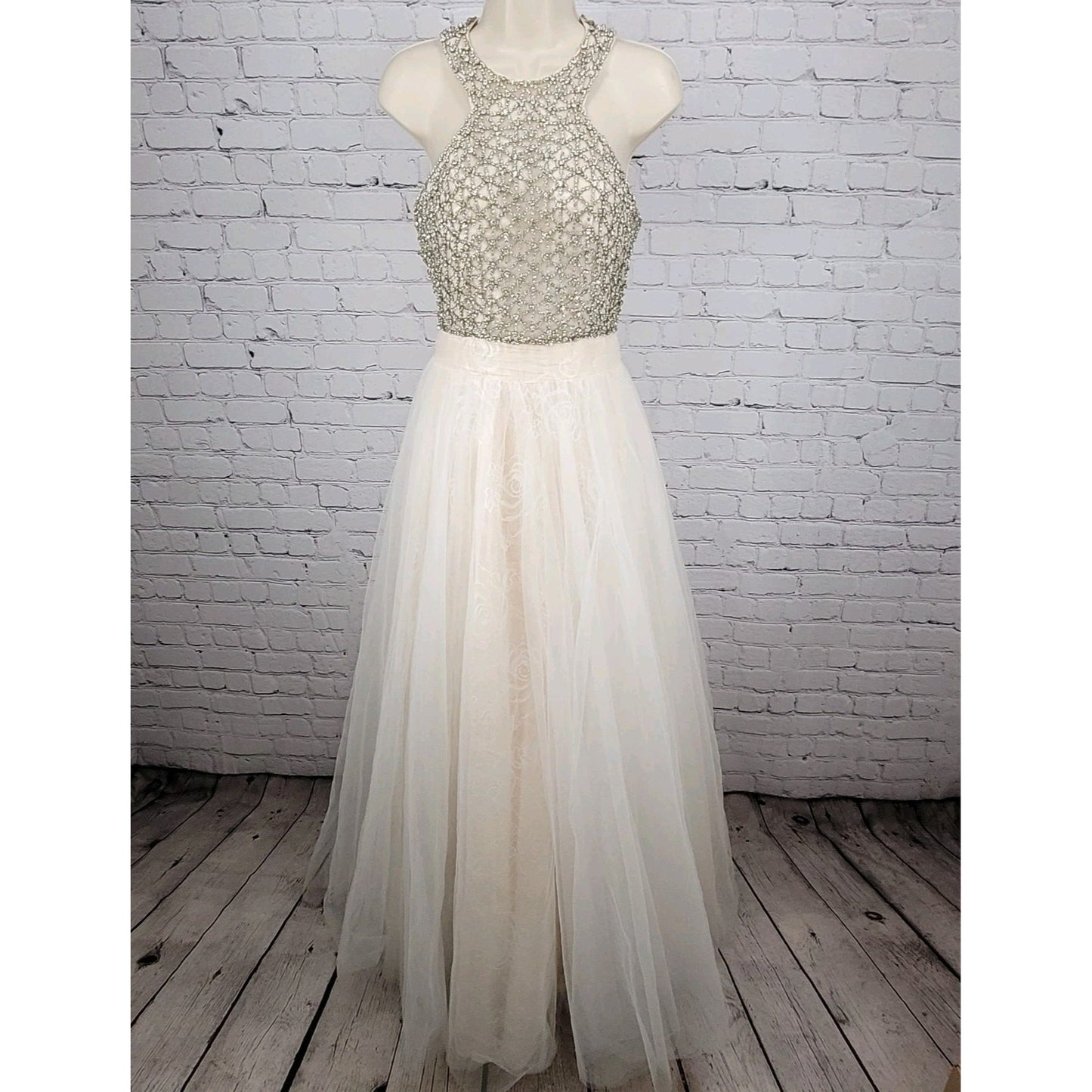 VTG Jovani Nude Cream Lace Tulle High Neck Jeweled Wedding Gown Dress 2