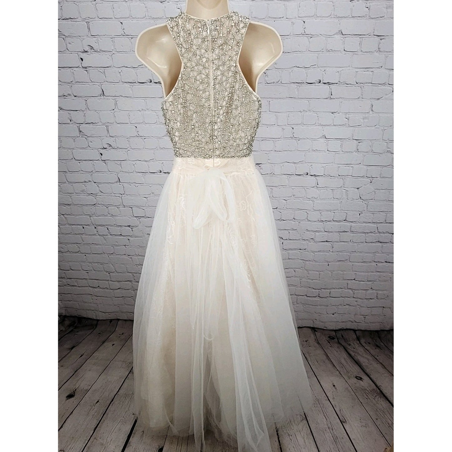 VTG Jovani Nude Cream Lace Tulle High Neck Jeweled Wedding Gown Dress 2