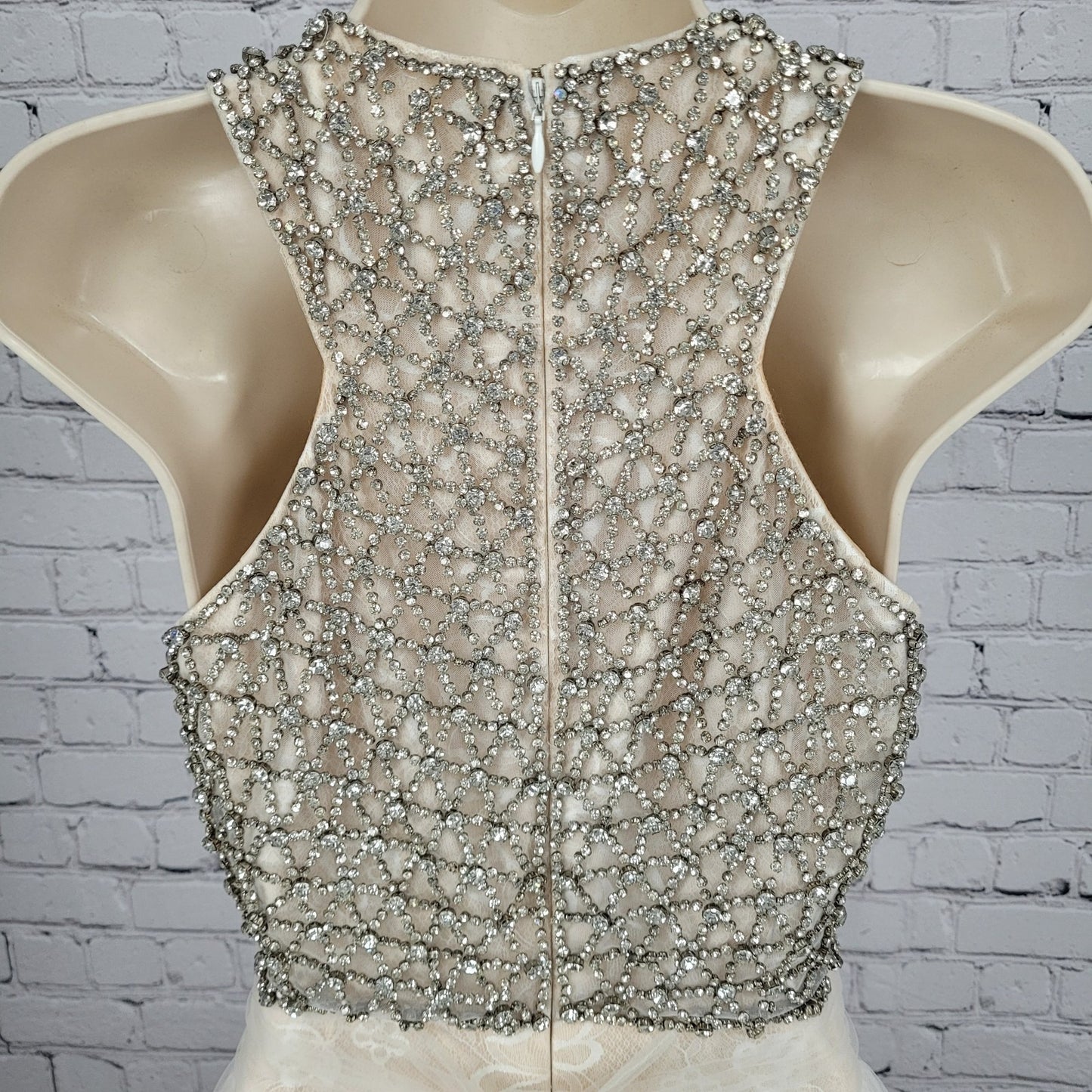 VTG Jovani Nude Cream Lace Tulle High Neck Jeweled Wedding Gown Dress 2