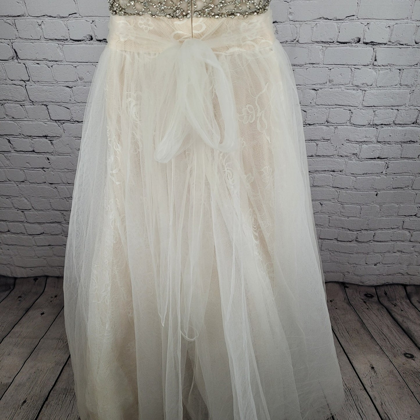VTG Jovani Nude Cream Lace Tulle High Neck Jeweled Wedding Gown Dress 2
