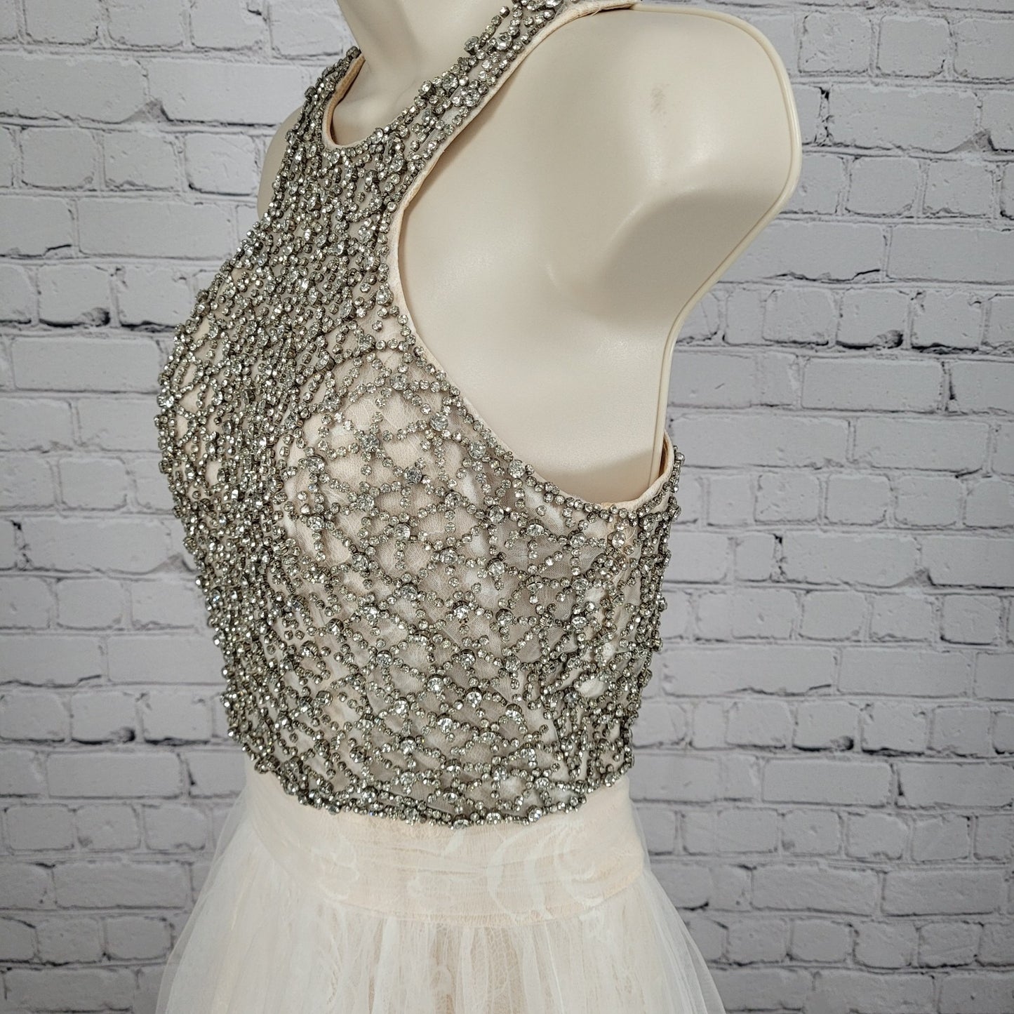 VTG Jovani Nude Cream Lace Tulle High Neck Jeweled Wedding Gown Dress 2