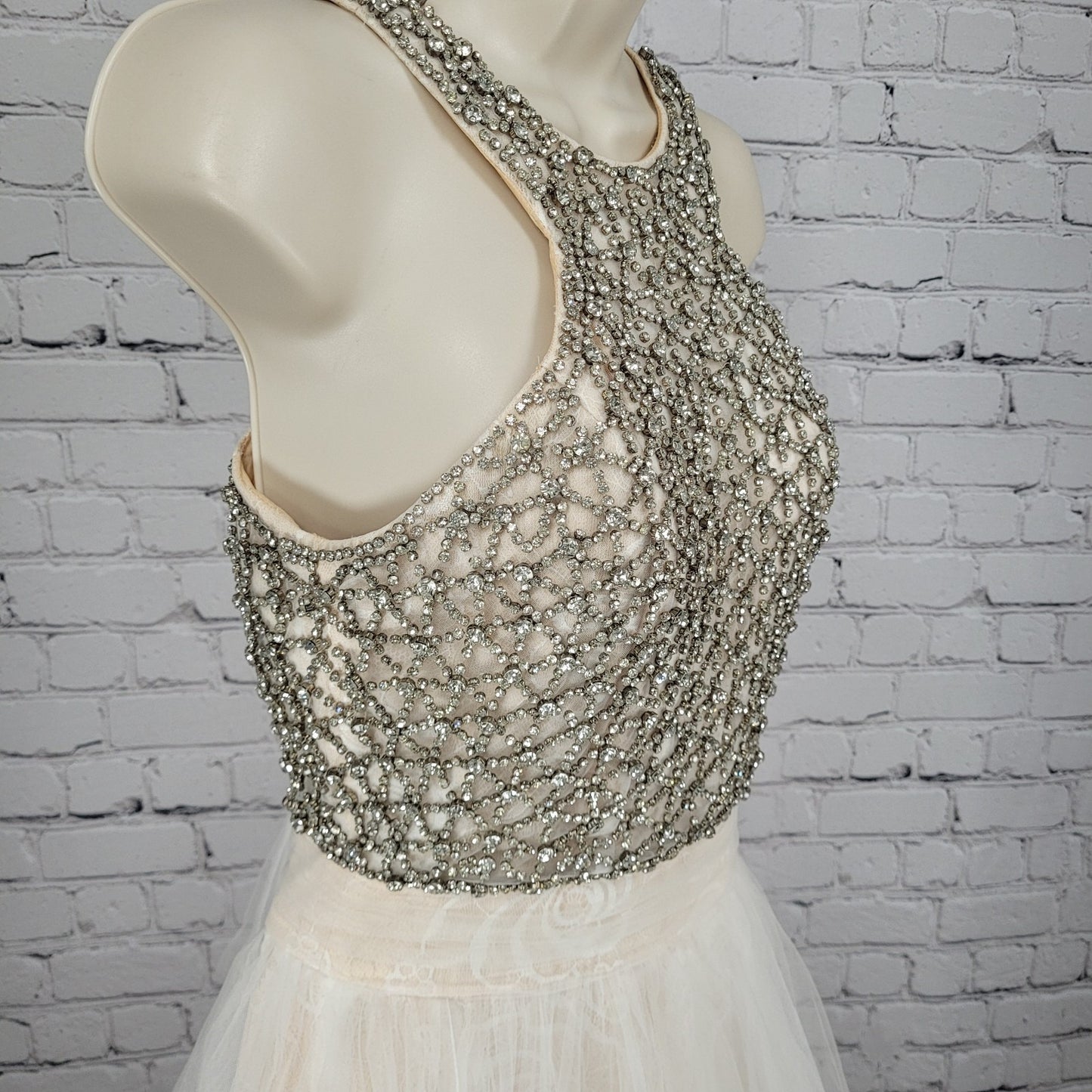 VTG Jovani Nude Cream Lace Tulle High Neck Jeweled Wedding Gown Dress 2