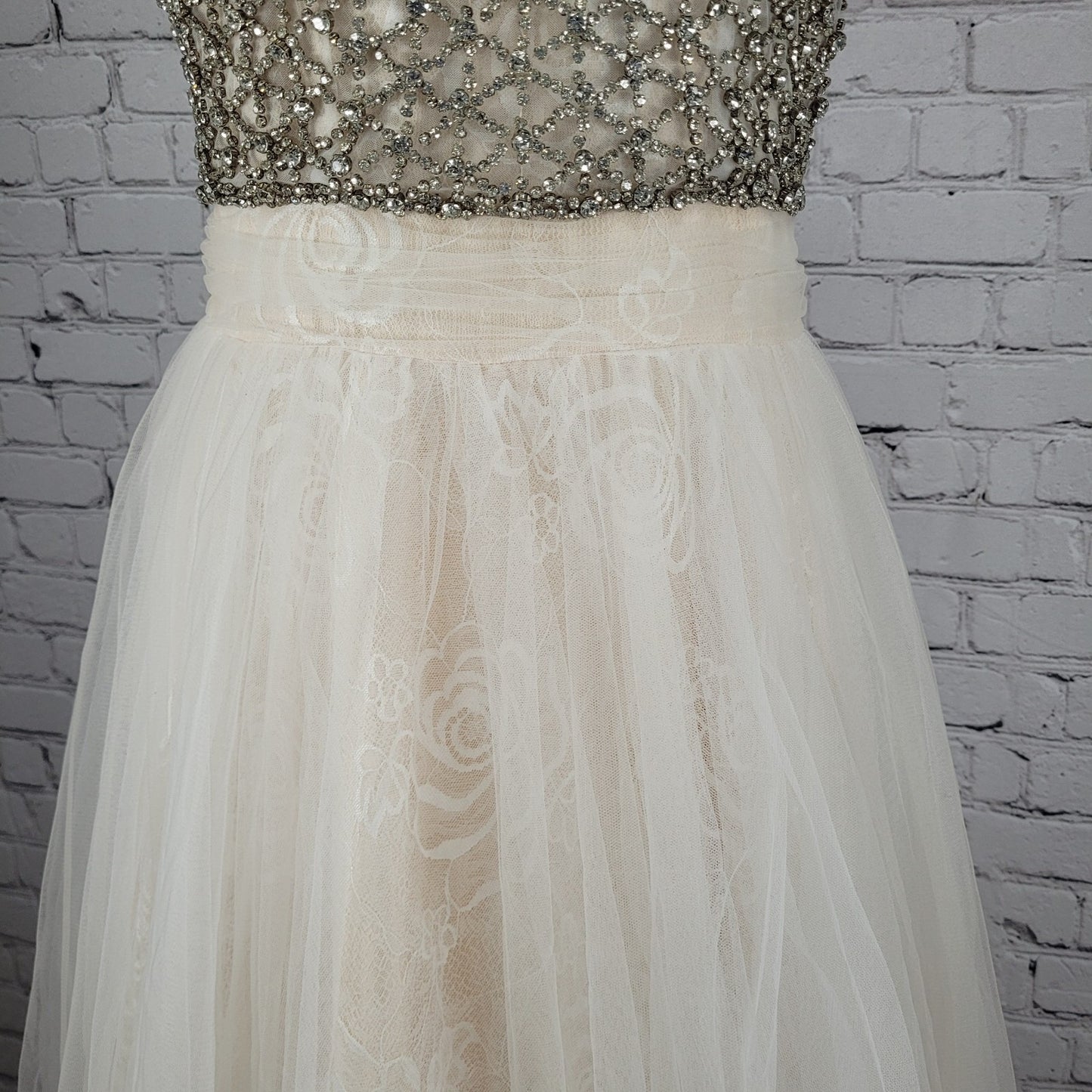 VTG Jovani Nude Cream Lace Tulle High Neck Jeweled Wedding Gown Dress 2