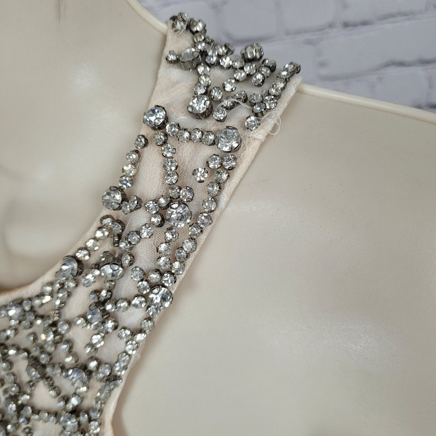 VTG Jovani Nude Cream Lace Tulle High Neck Jeweled Wedding Gown Dress 2