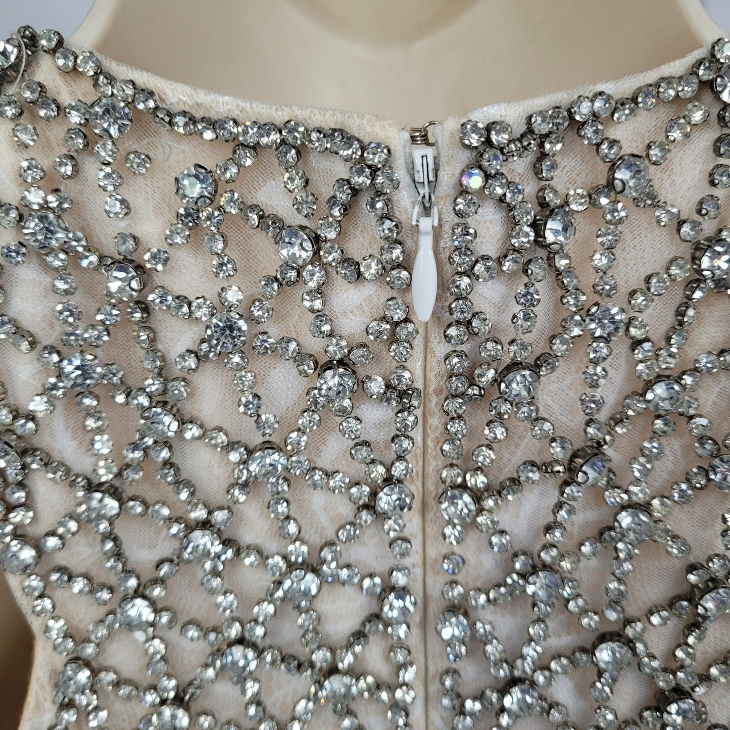 VTG Jovani Nude Cream Lace Tulle High Neck Jeweled Wedding Gown Dress 2