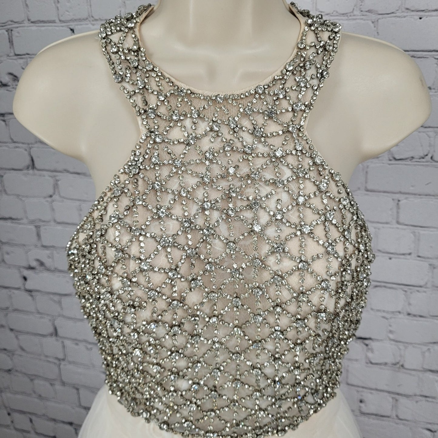 VTG Jovani Nude Cream Lace Tulle High Neck Jeweled Wedding Gown Dress 2