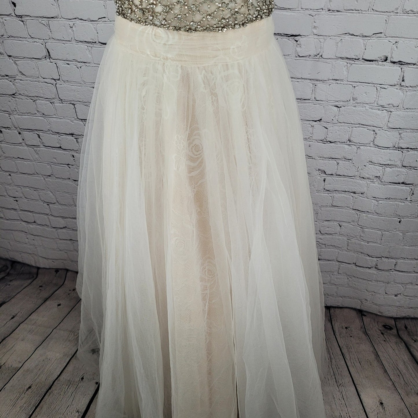 VTG Jovani Nude Cream Lace Tulle High Neck Jeweled Wedding Gown Dress 2