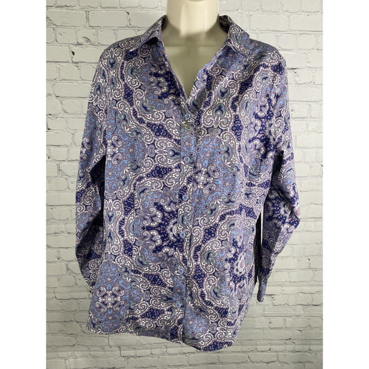 Chicos Purple White Blue Paisley Long Sleeve Collared Button Up Blouse Womens M