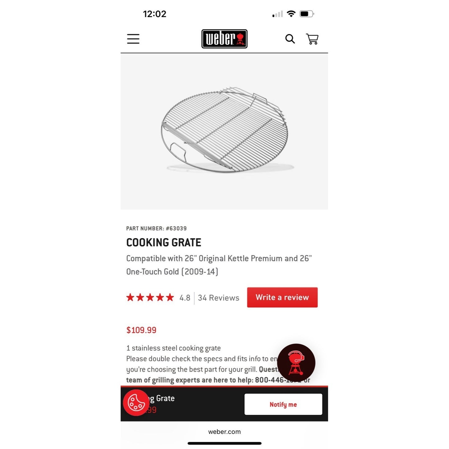 NIB Weber 26” Hinged Replacement Charcoal Grill Cooking Grate