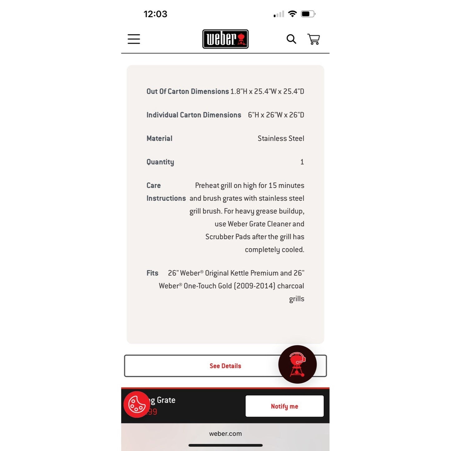 NIB Weber 26” Hinged Replacement Charcoal Grill Cooking Grate