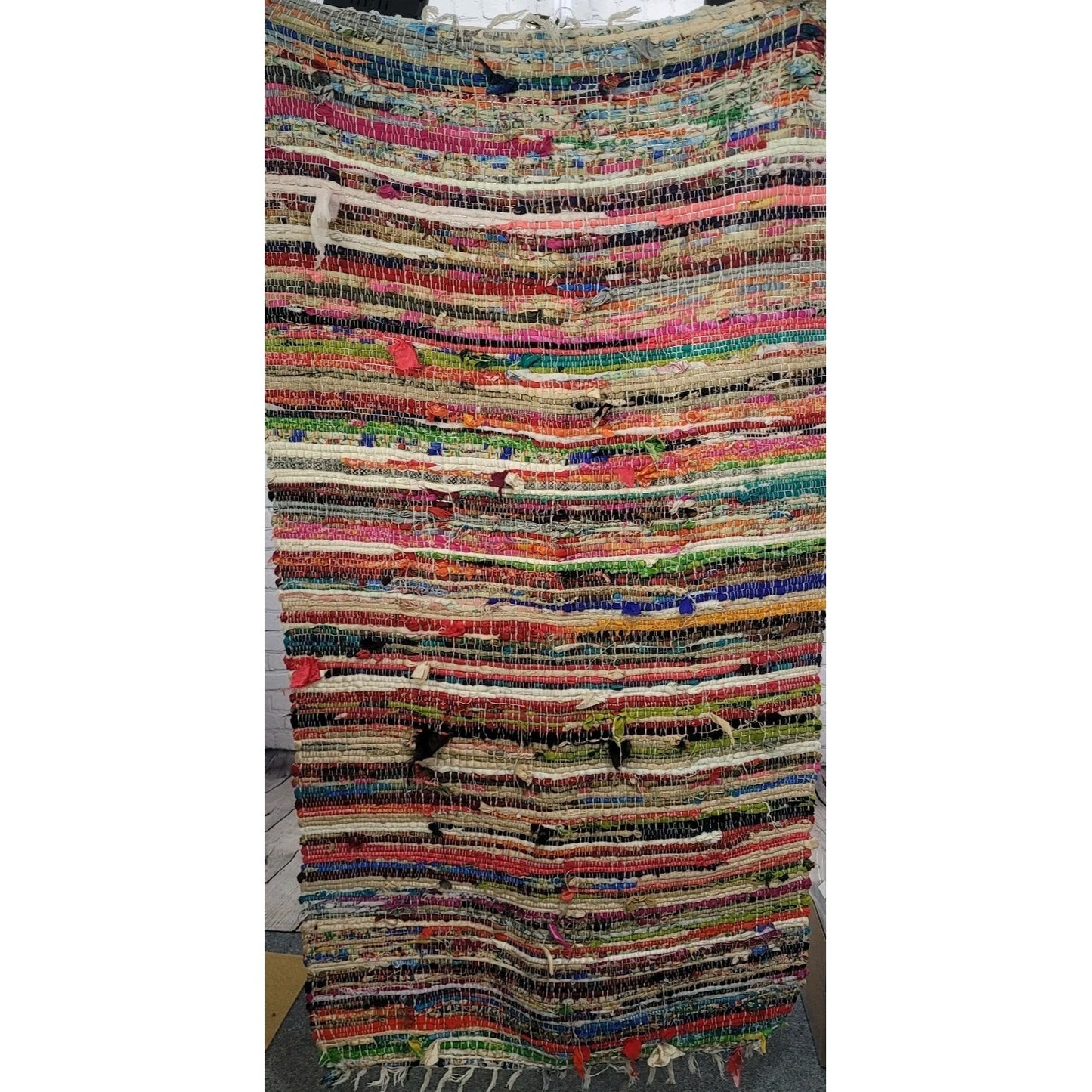 Multicolor Woven Recycled Material Fringe Tassel Colorful Rectangle Rug 64x35"