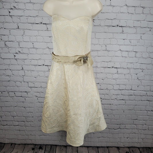 VTG David's Bridal Cream Gold Metallic Brocade Sleeveless Brooch A Line Dress 14