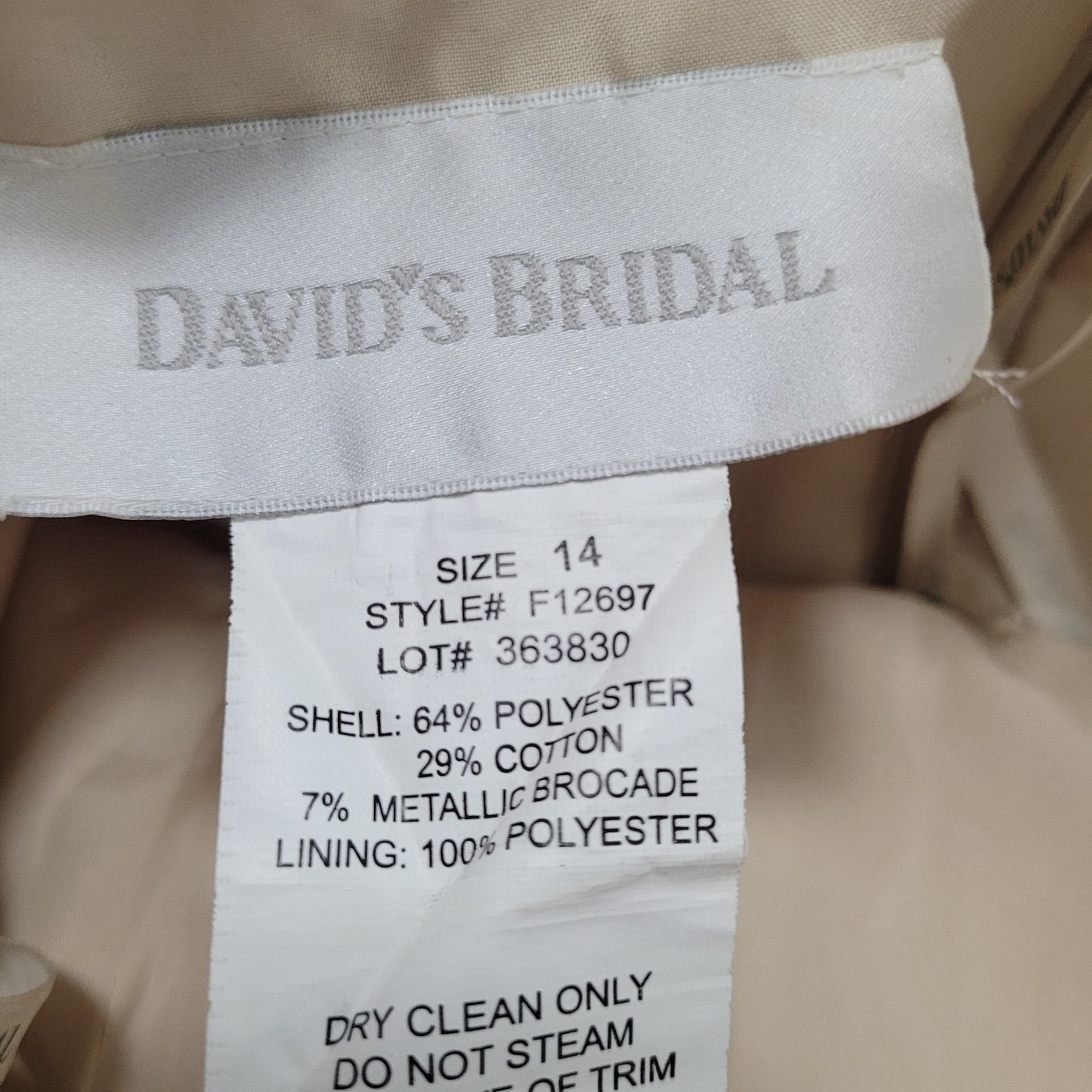 VTG David's Bridal Cream Gold Metallic Brocade Sleeveless Brooch A Line Dress 14