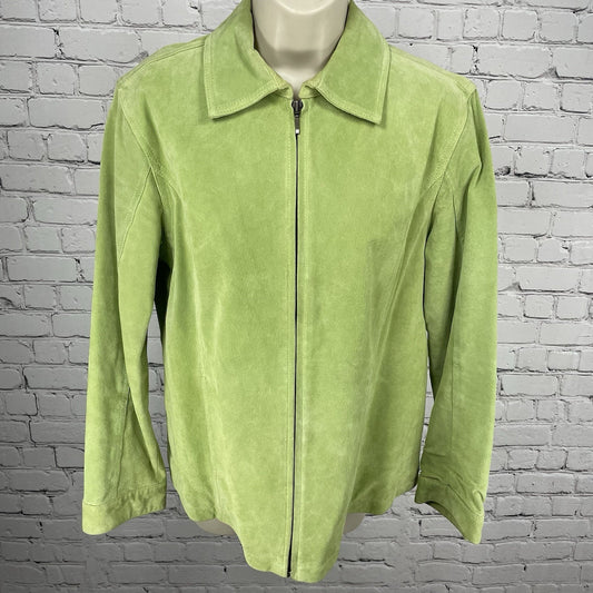 Chico’s Green Suede Leather Zipped Collared Lined Jacket Pockets Size 1 US 8