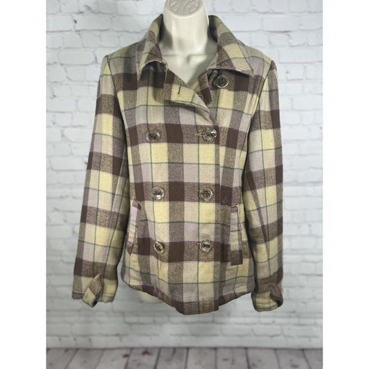 Volcom St. Martins Green Brown Plaid Wool Blend Sherpa Lined Peacoat Women’s Med