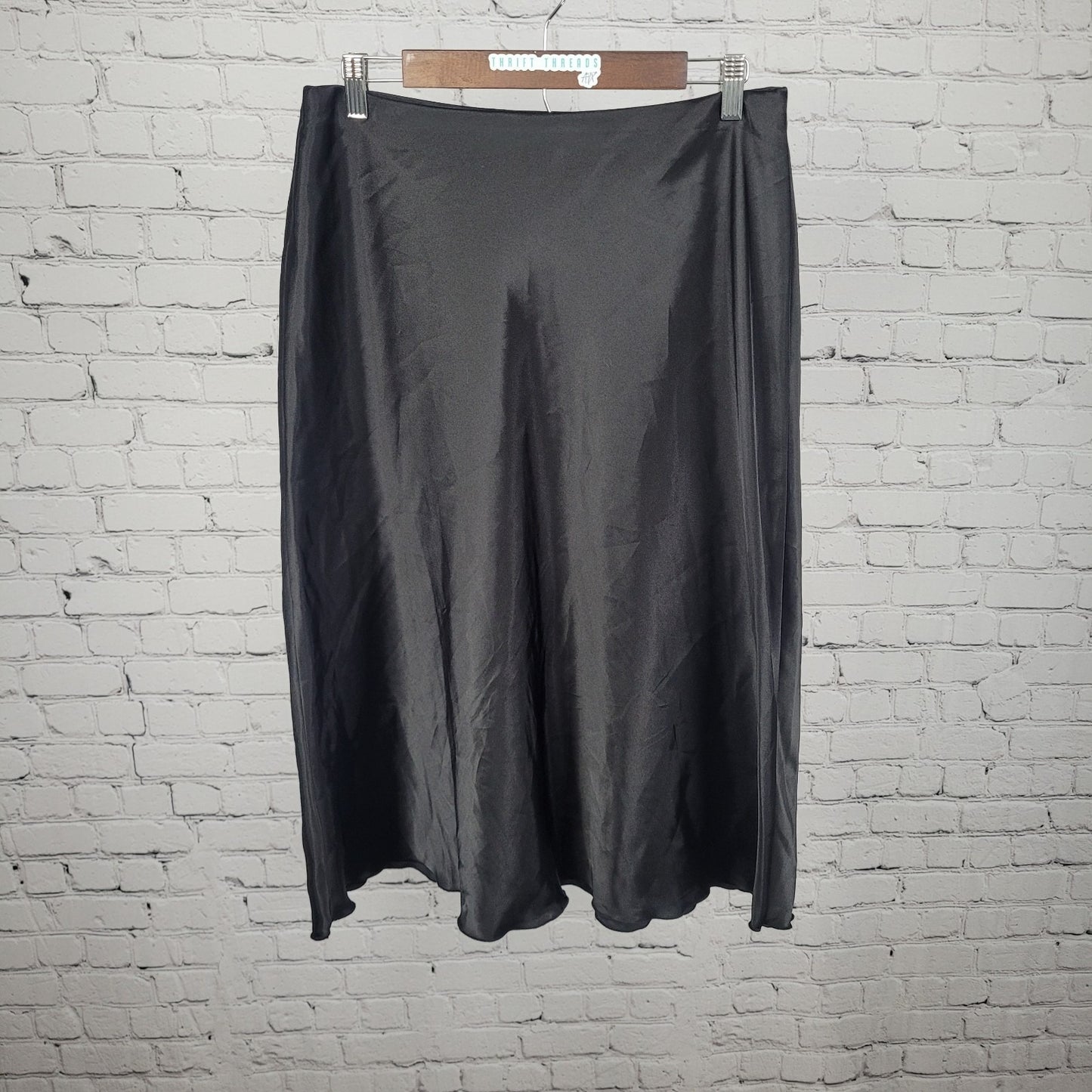 Nicole Miller Black Satin Lightweight Elastic Waist Unlined Skirt USA Large L