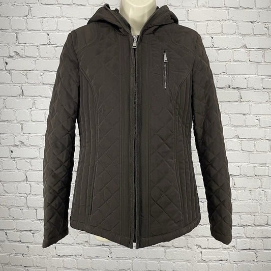 Laundry By Design Brown Quilted Zip Faux Fur Hooded Puffer Jacket Size Small S
