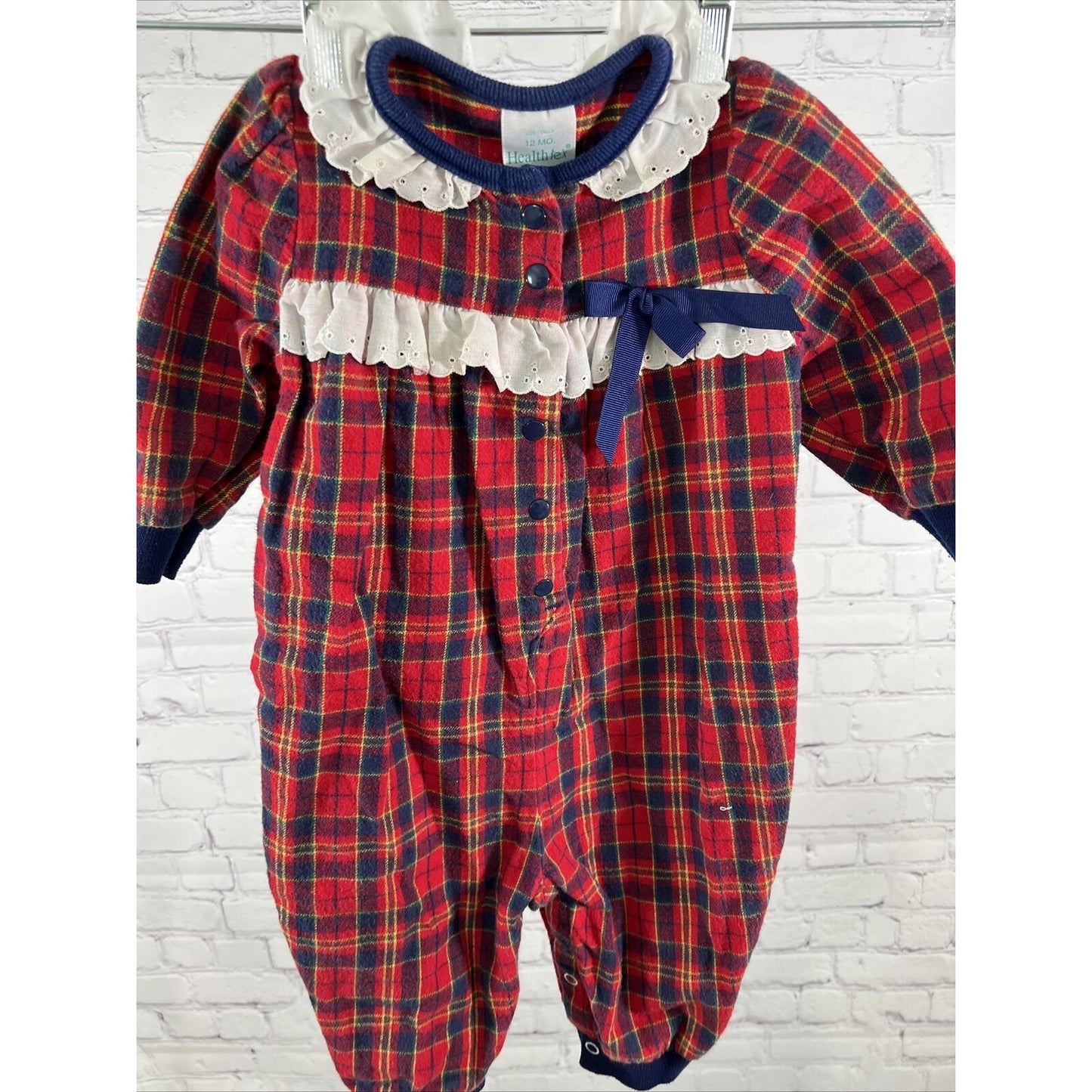 Vintage 80s Healthtex Baby 12M Red Plaid Flannel Cotton Button Up One Piece USA