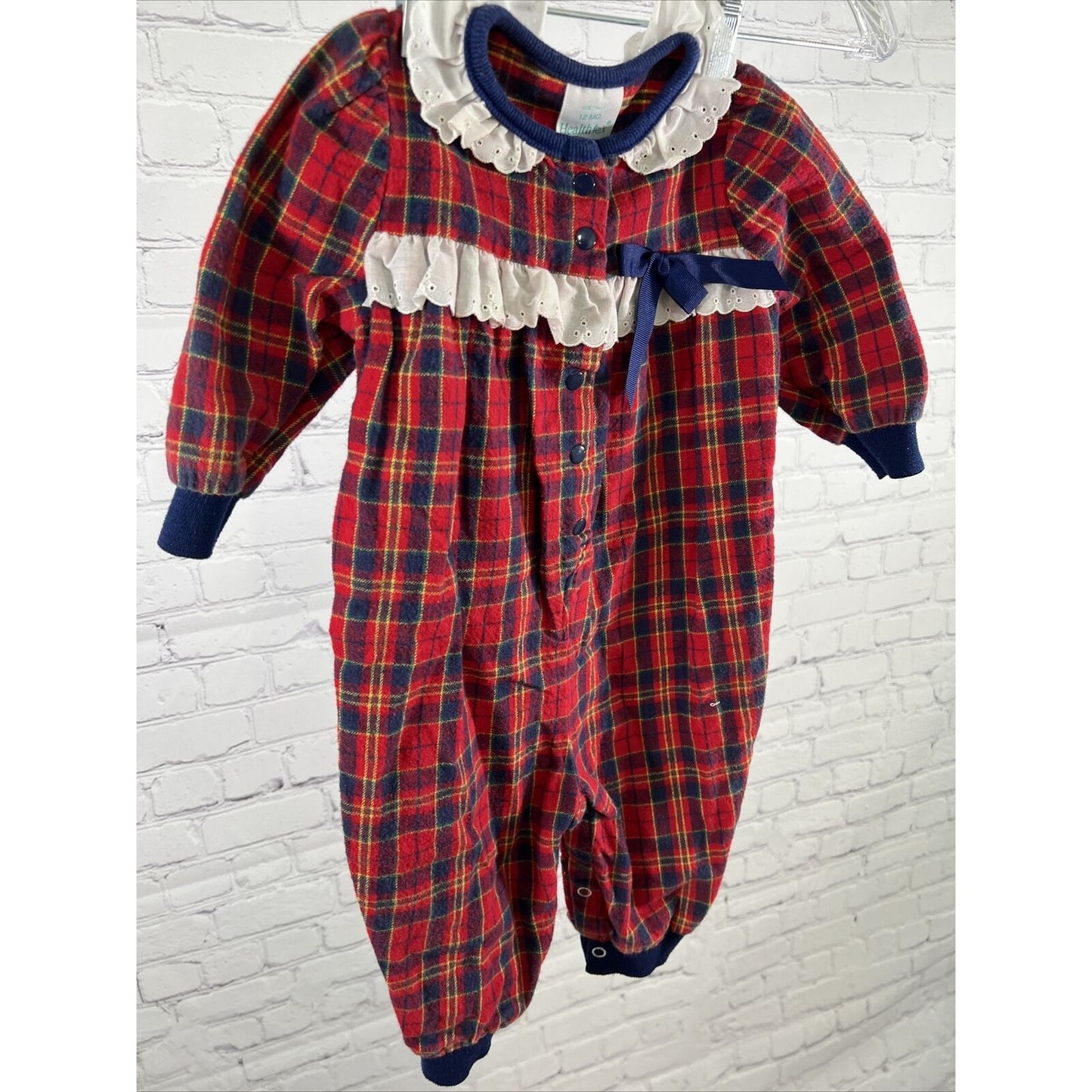 Vintage 80s Healthtex Baby 12M Red Plaid Flannel Cotton Button Up One Piece USA