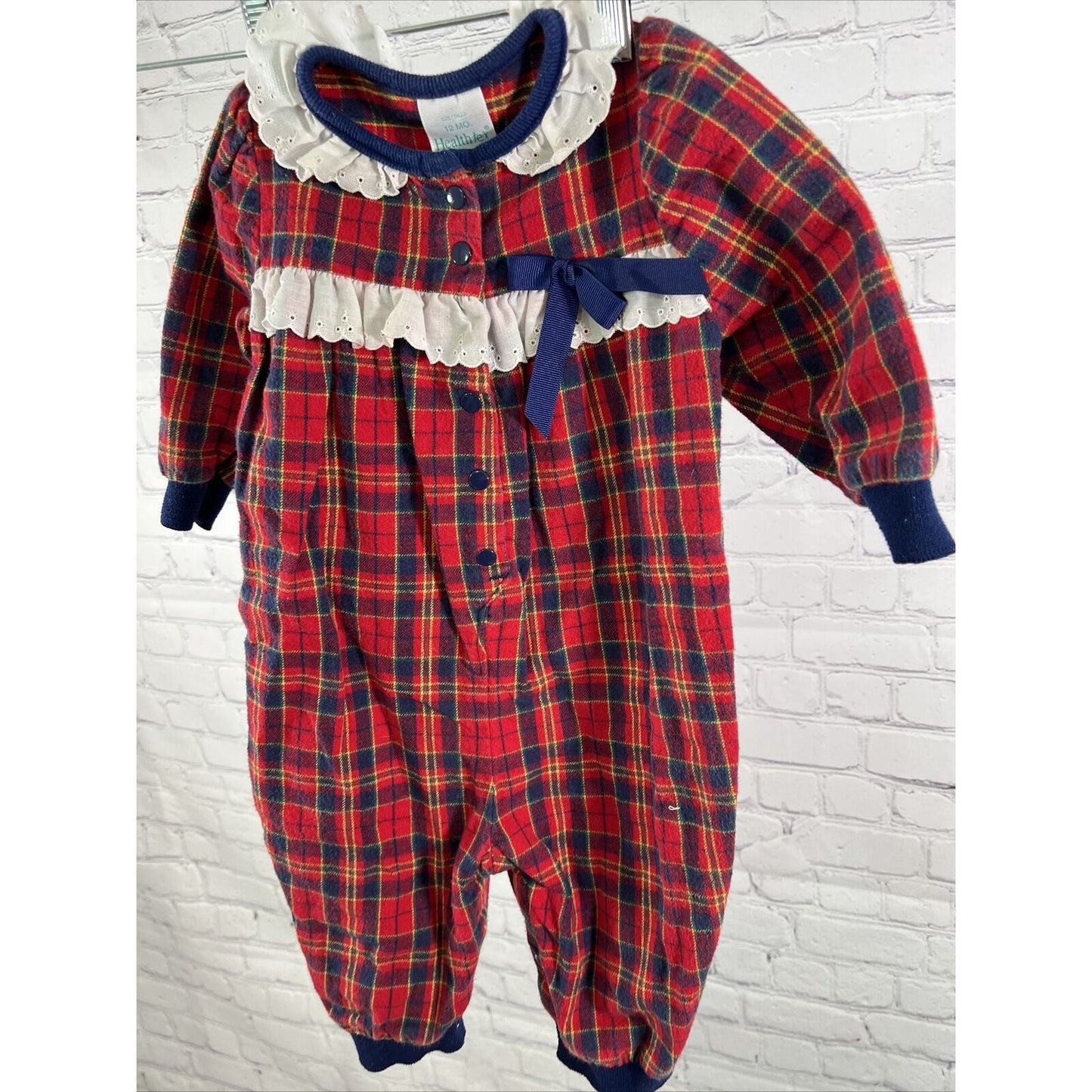 Vintage 80s Healthtex Baby 12M Red Plaid Flannel Cotton Button Up One Piece USA