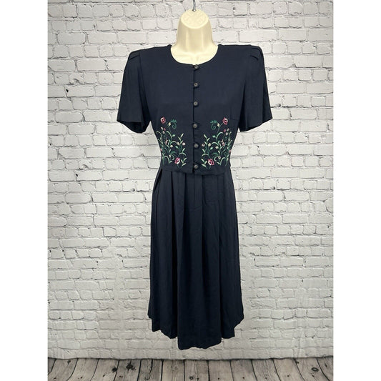 VTG Peri Petites Dark Blue Cottage Core Embroidered Layered Pleated Dress 6