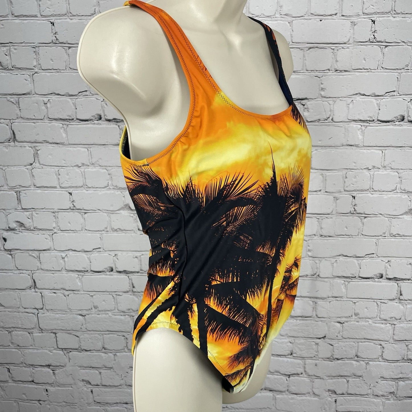Aerie Orange Tropical Sunset Cheekiest One Piece Swimsuit UPF 50 Padded Size XL