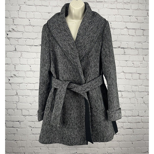 Trina Turk Black Wool Blend Weave Belted Snap Button Wrap Coat Size XL