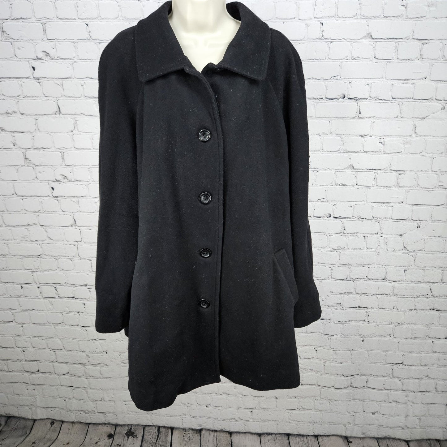 Lands' End Black Wool Cashmere Blend Buttoned Collared Lined Overcoat 22W