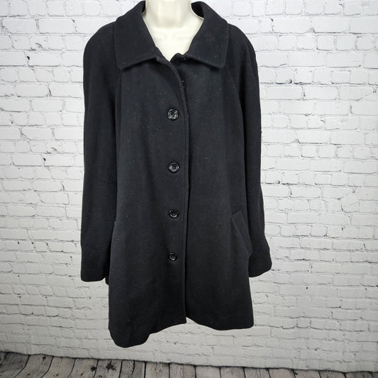 Lands' End Black Wool Cashmere Blend Buttoned Collared Lined Overcoat 22W
