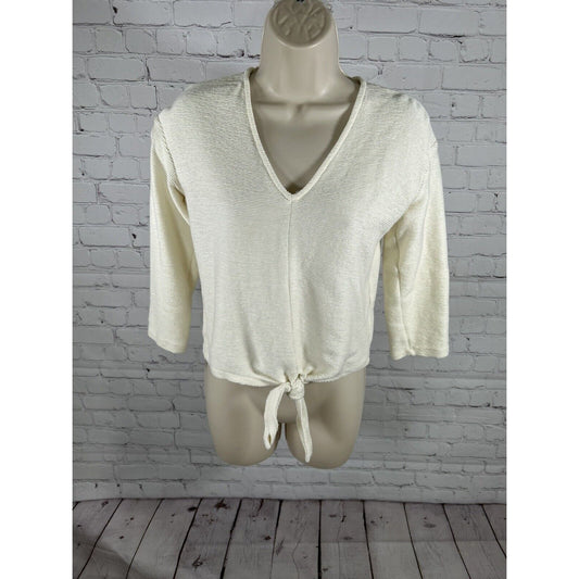 Texture & Thread By Madewell White V Neck Ribbed Front Tie Top 3/4 Sleeves XS