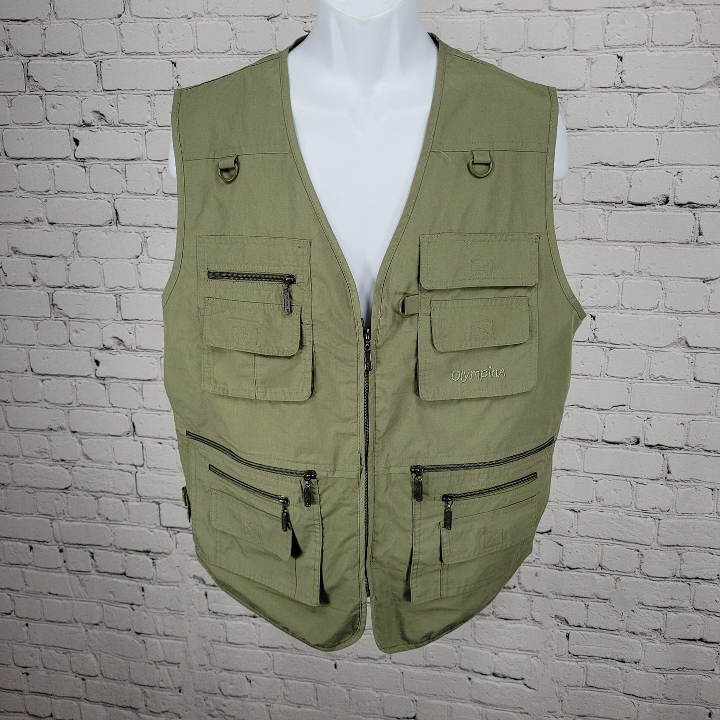 OlympinA Green Full Zip Utility Pockets Fishing Hunting Lightweight Vest Large L