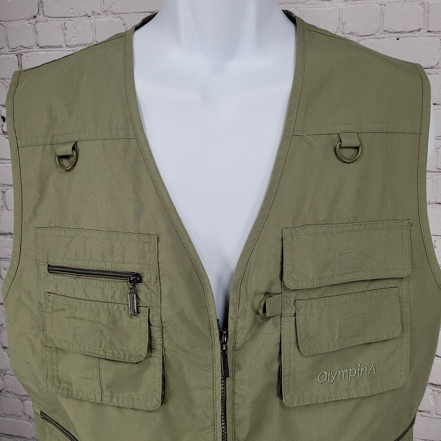 OlympinA Green Full Zip Utility Pockets Fishing Hunting Lightweight Vest Large L