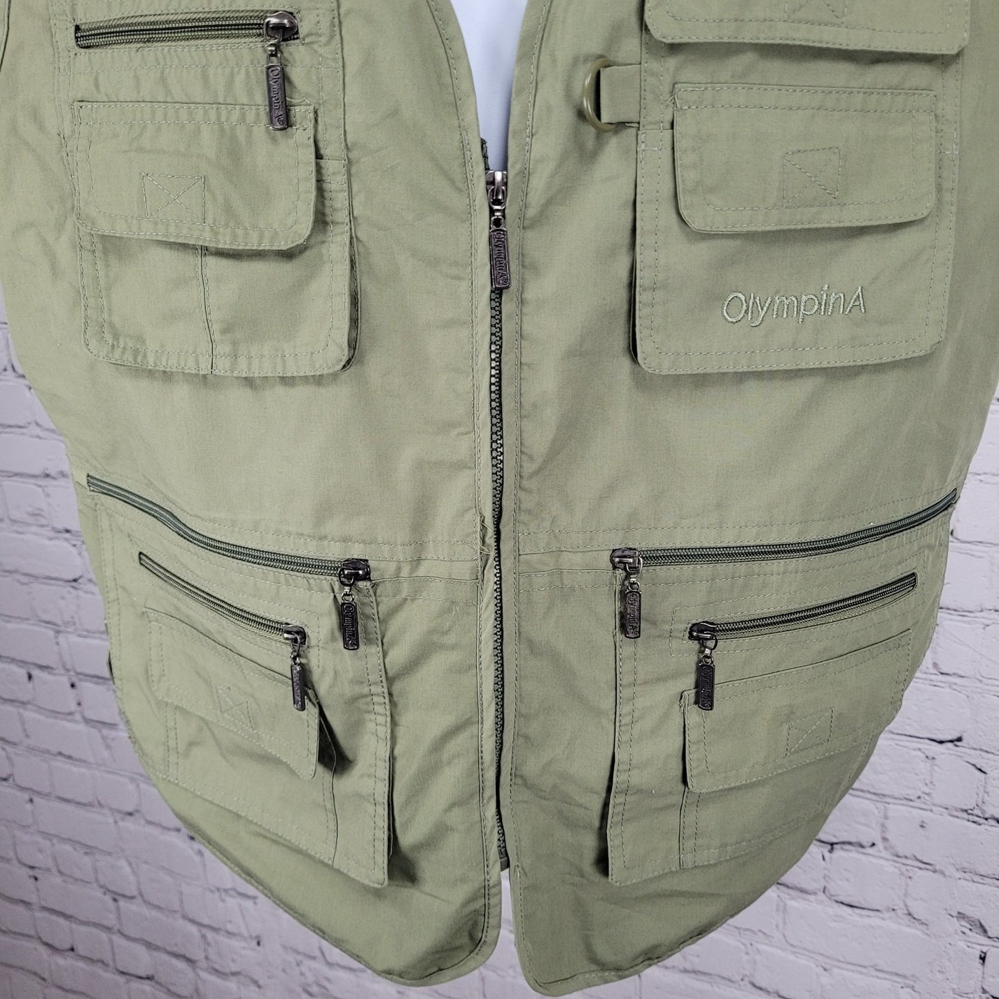 OlympinA Green Full Zip Utility Pockets Fishing Hunting Lightweight Vest Large L