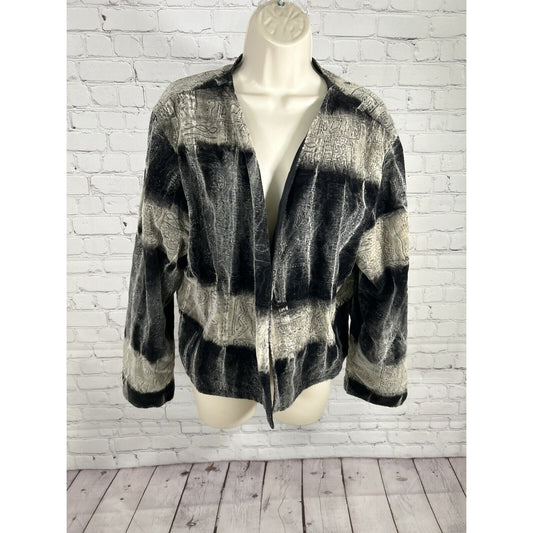 Chicos Black Gray Aztec Embroidered Open Front Velvet Lightweight Jacket L