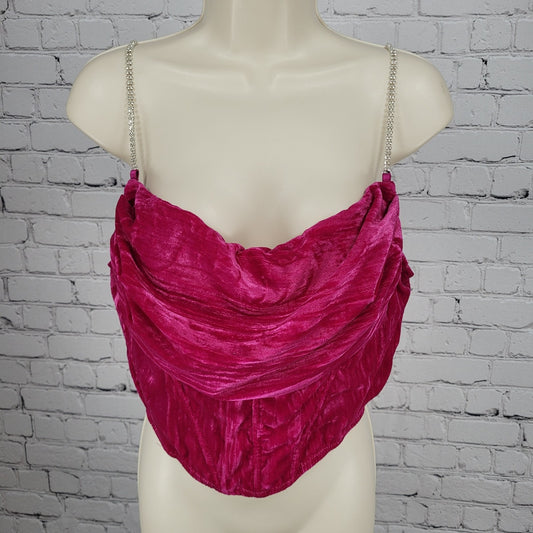 Urban Outfitters Pink Velvet Rhinestone Strap Boned Corset Crop Top Large *tear