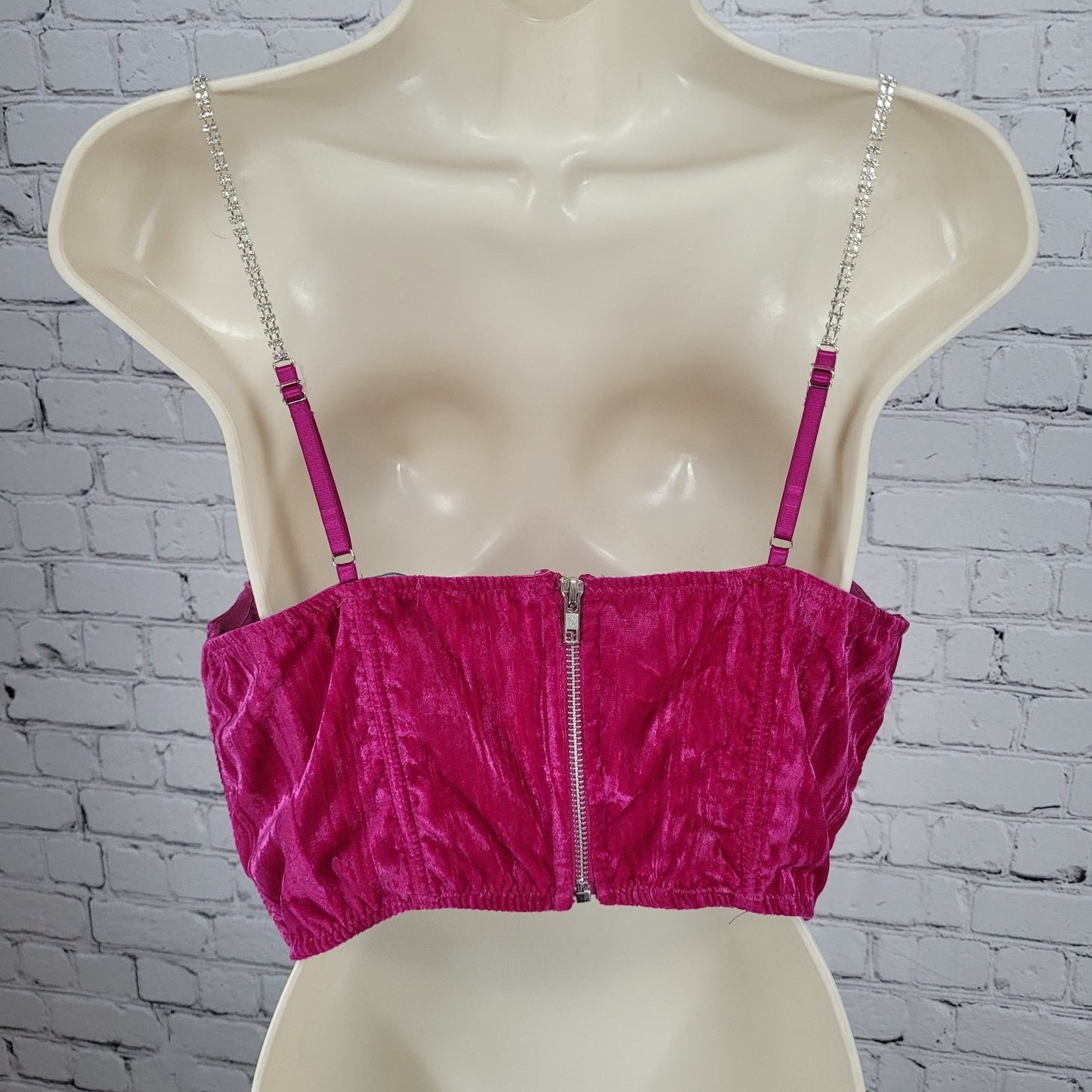 Urban Outfitters Pink Velvet Rhinestone Strap Boned Corset Crop Top Large *tear