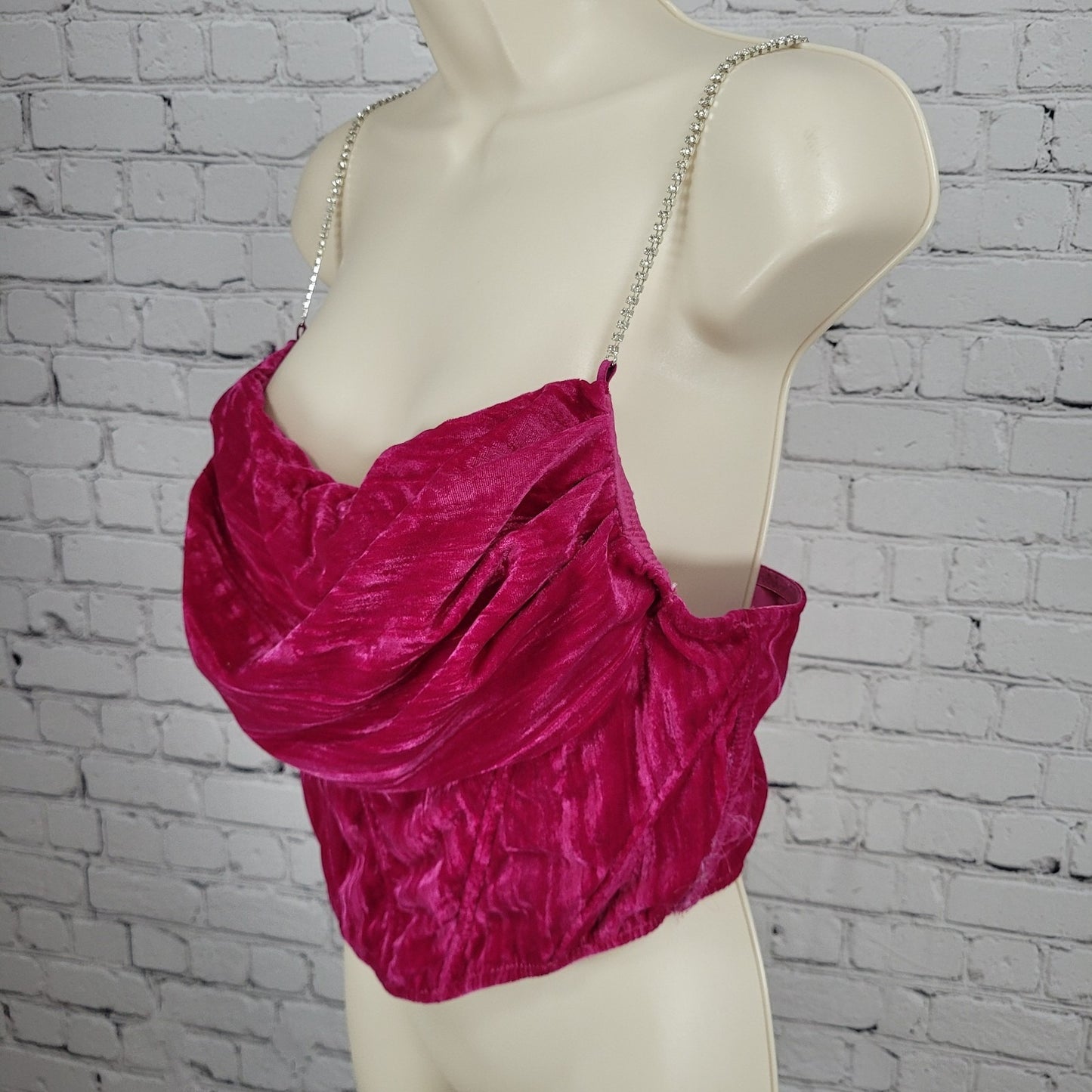 Urban Outfitters Pink Velvet Rhinestone Strap Boned Corset Crop Top Large *tear