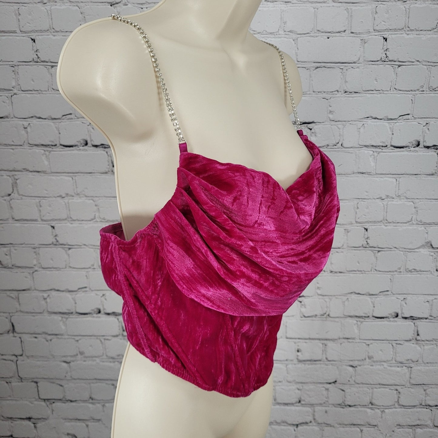 Urban Outfitters Pink Velvet Rhinestone Strap Boned Corset Crop Top Large *tear