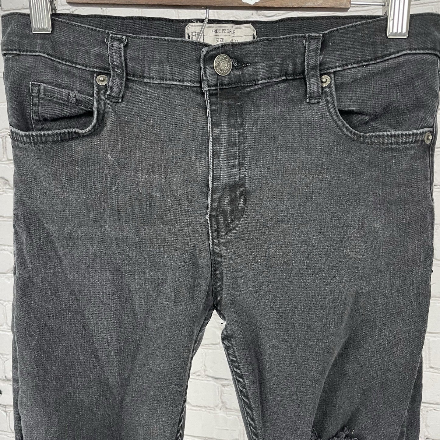 Free People Black Distressed Skinny Ankle Mid Rise Stretch Jeans Size 27 (28x25)