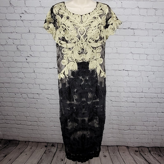JS Collections Black Gold Overlay Lace Short Sleeve Lined Long Formal Dress 12