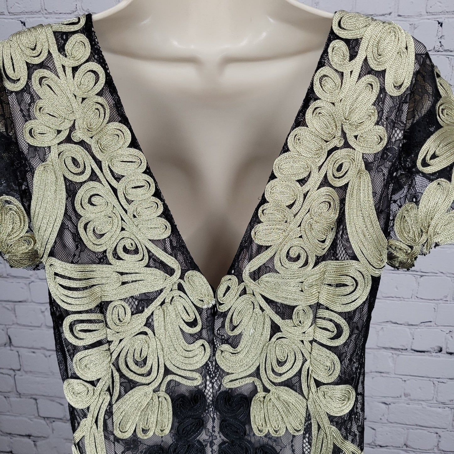 JS Collections Black Gold Overlay Lace Short Sleeve Lined Long Formal Dress 12