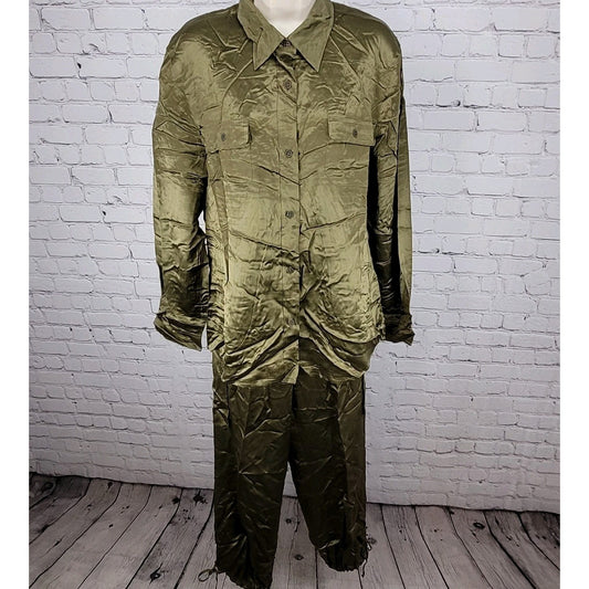 Josephine Chaus Green 100% Silk 2 Piece Outfit Shirt Size 12 Pants 14 (33x29)