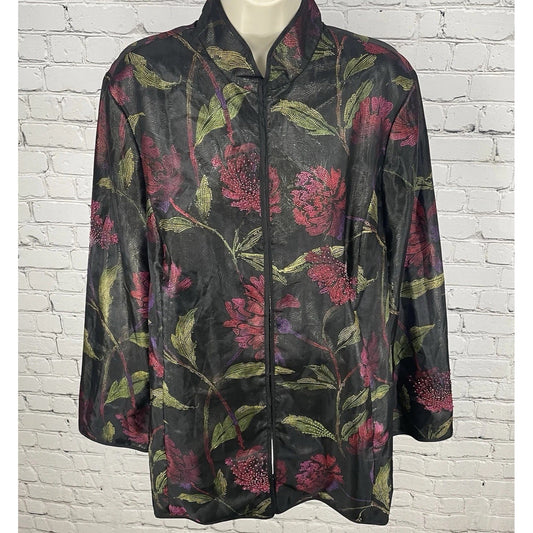 Chico’s Silk Floral Beaded Lightweight Kimono Style Lined Jacket Size 2 US 12