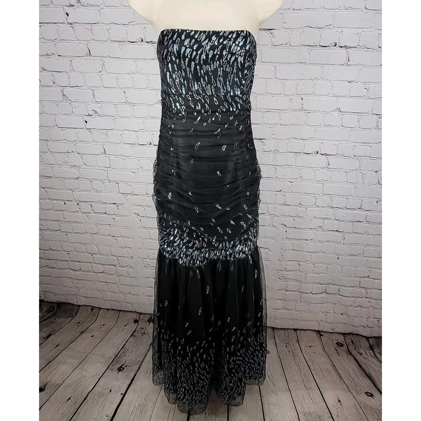 VTG Jessica McClintock Black Strapless Glitter Tie Back Mermaid Dress Size 9