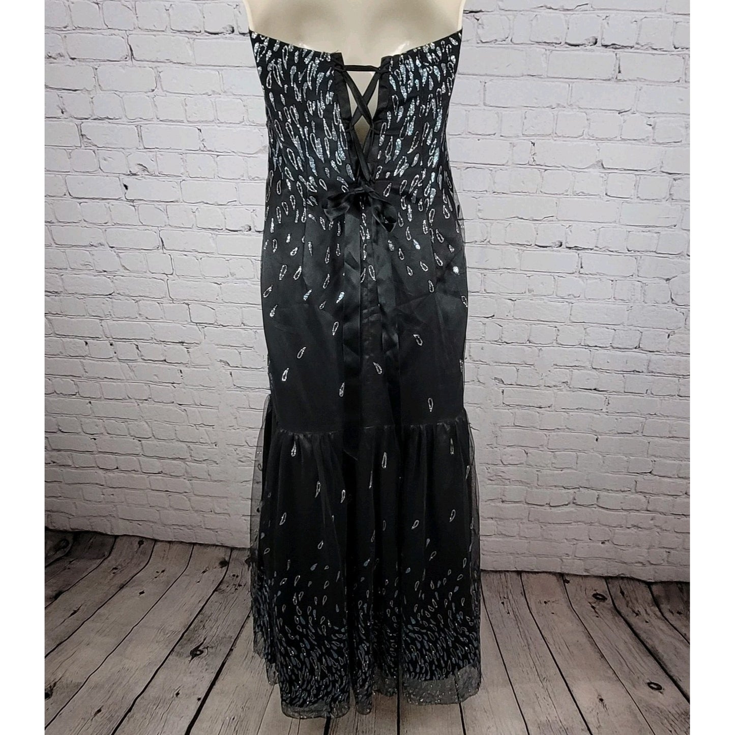 VTG Jessica McClintock Black Strapless Glitter Tie Back Mermaid Dress Size 9